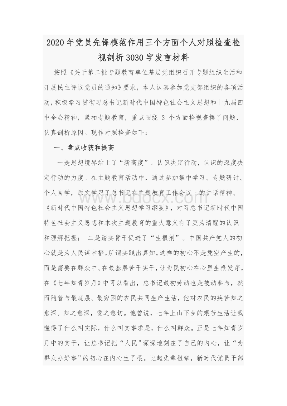 2020年党员先锋模范作用三个方面个人对照检查检视剖析Word版发言材料.docx