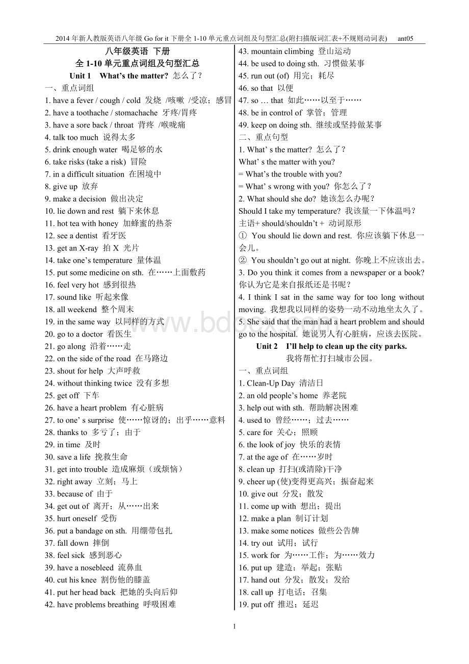 八年级英语下册全1-10单元重点词组及句型汇总Word文档格式.doc