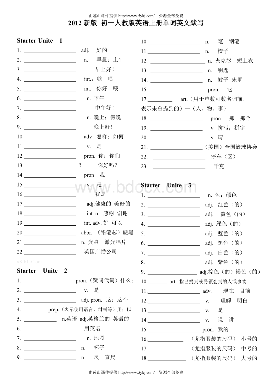 2013新版人教版七年级上英语单词英文默写Word格式文档下载.doc_第1页