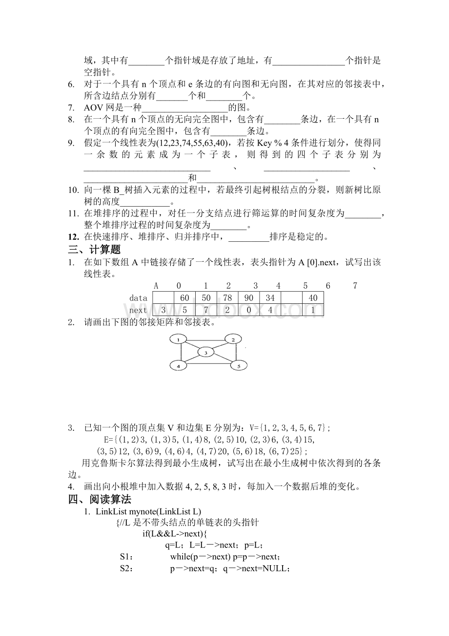 计算机考研数据结构试卷一(练习题含答案)Word格式文档下载.docx_第2页