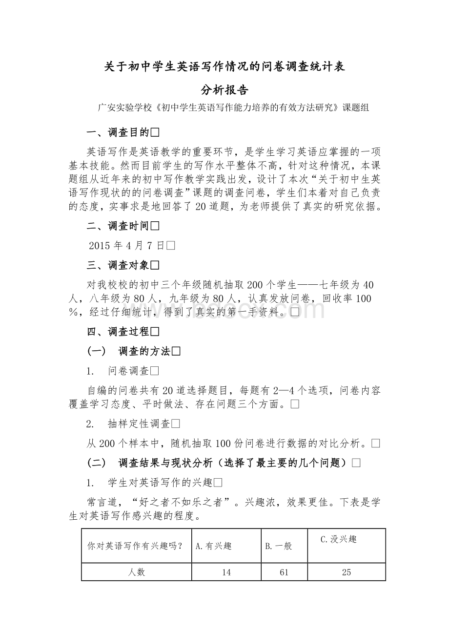 关于初中学生英语写作情况的问卷调查统计表分析.docx_第1页