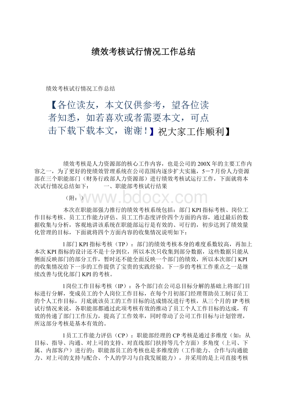 绩效考核试行情况工作总结.docx_第1页