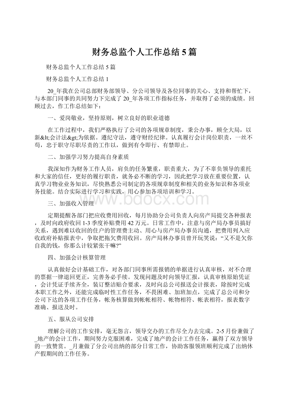 财务总监个人工作总结5篇文档格式.docx