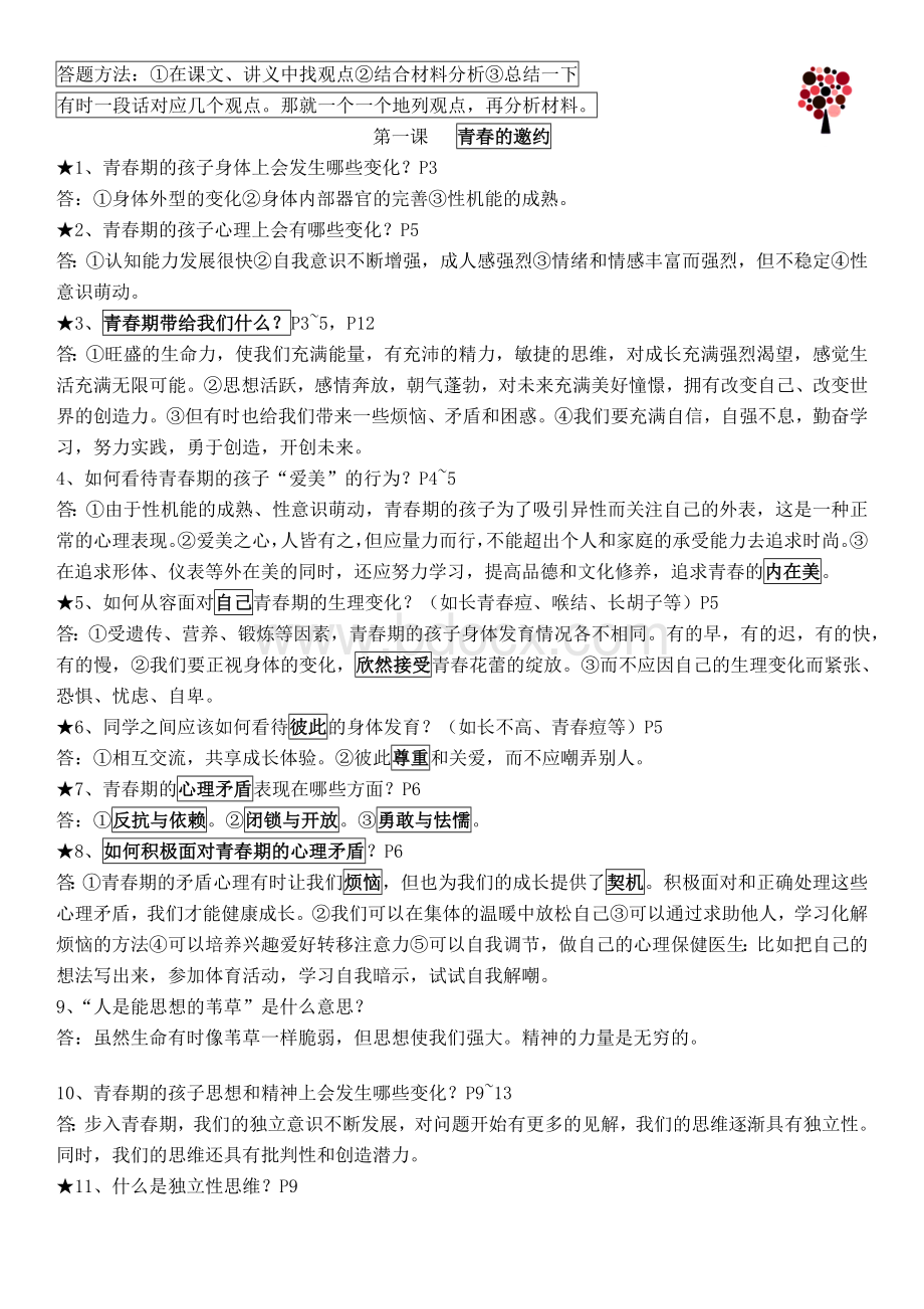 人教版七年级下册政治复习Word文档下载推荐.doc