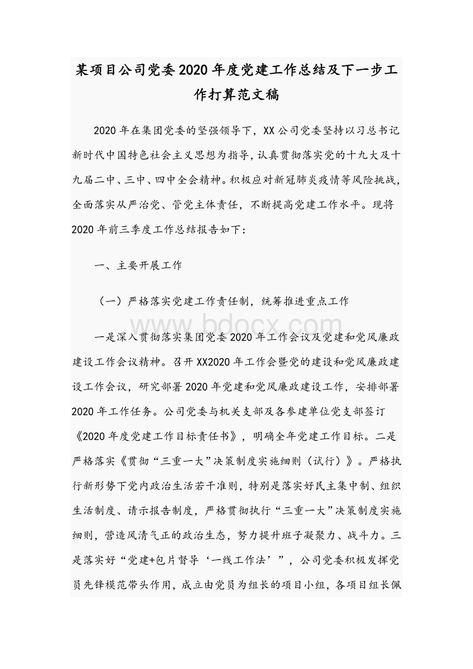 某项目公司党委2020年度党建工作总结及下一步工作打算范文稿.docx