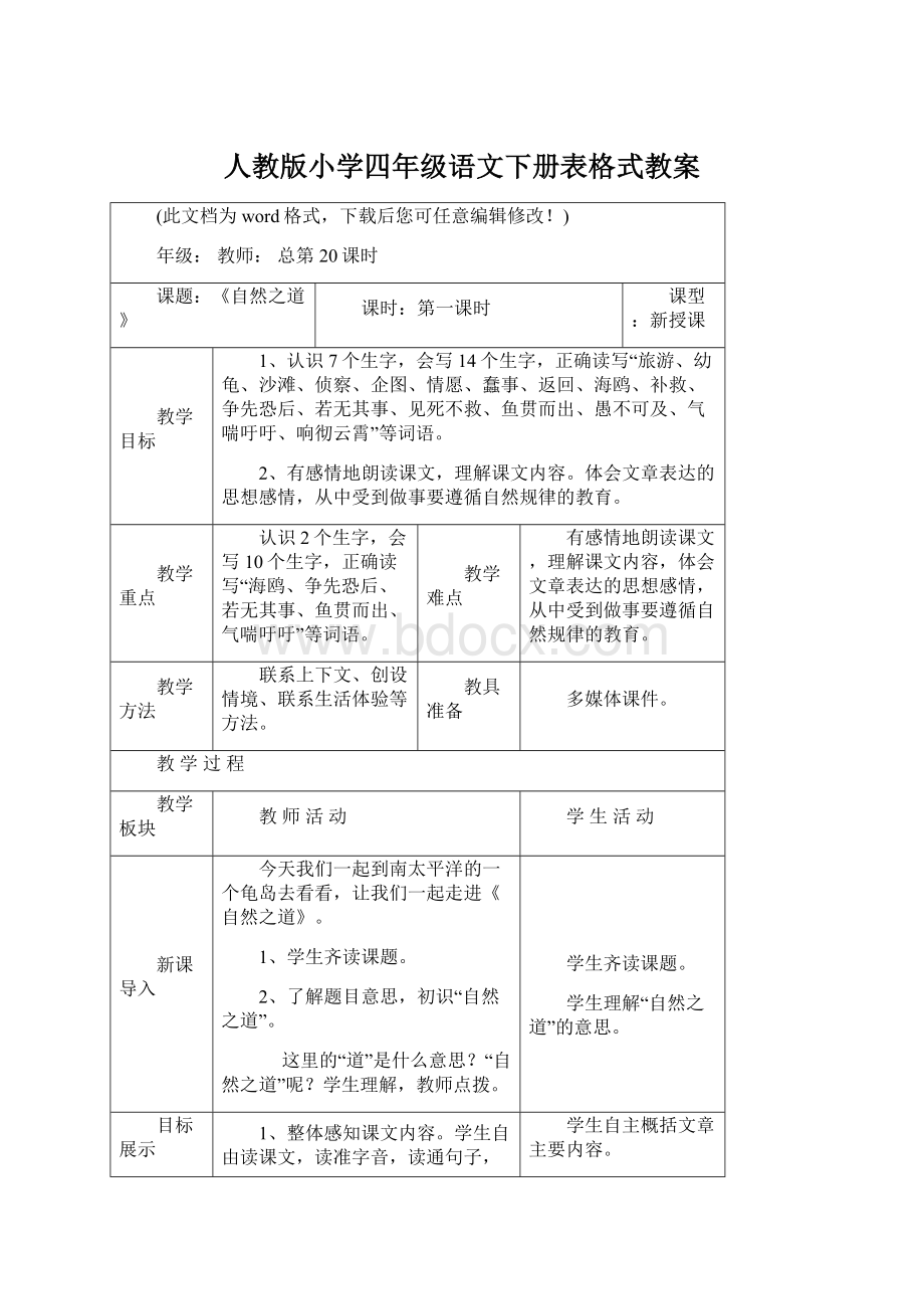 人教版小学四年级语文下册表格式教案.docx_第1页