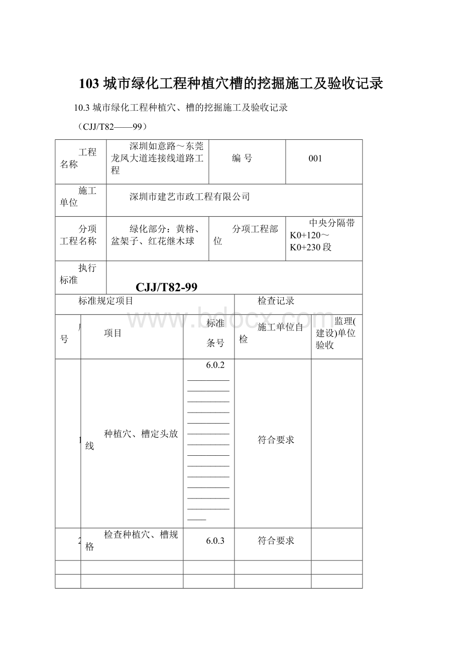 103 城市绿化工程种植穴槽的挖掘施工及验收记录Word格式.docx_第1页