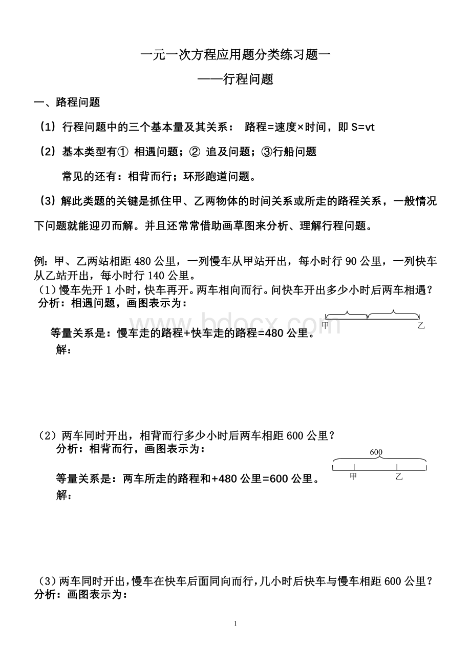 初一数学方程路程应用题.doc