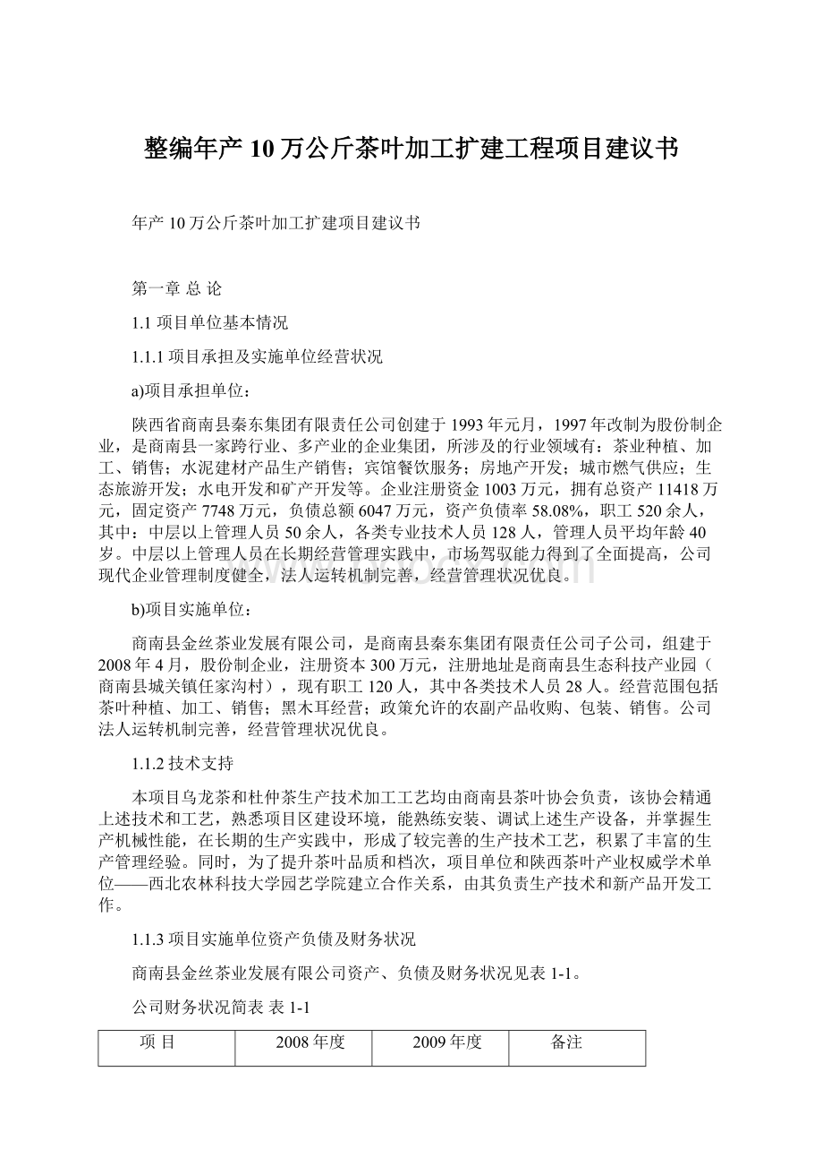 整编年产10万公斤茶叶加工扩建工程项目建议书文档格式.docx_第1页