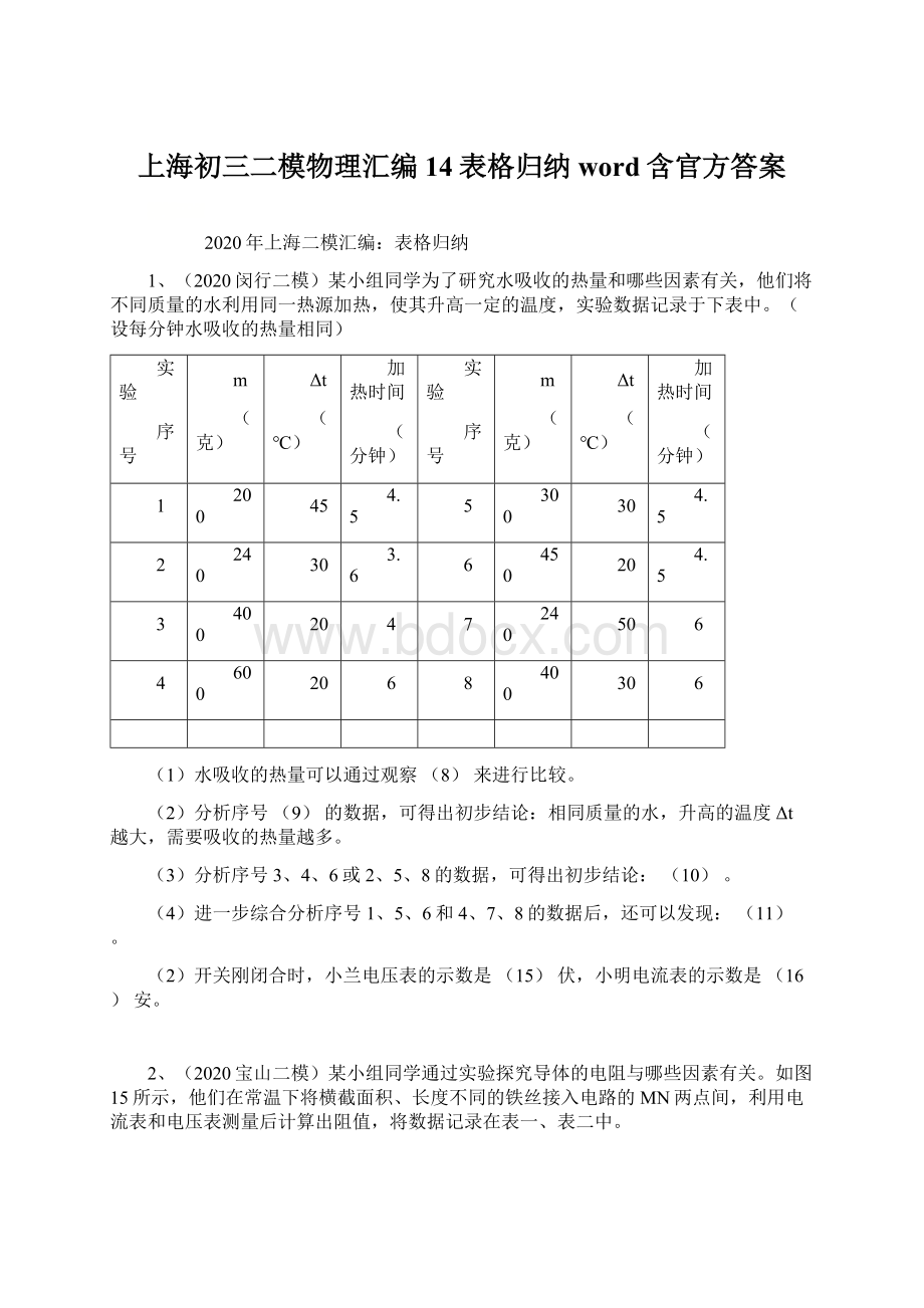 上海初三二模物理汇编14表格归纳word含官方答案.docx_第1页