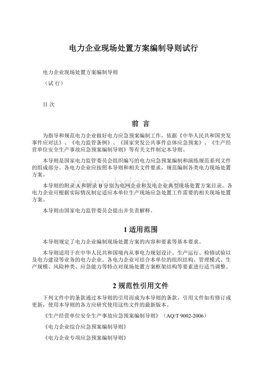 电力企业现场处置方案编制导则试行Word格式文档下载.docx_第1页