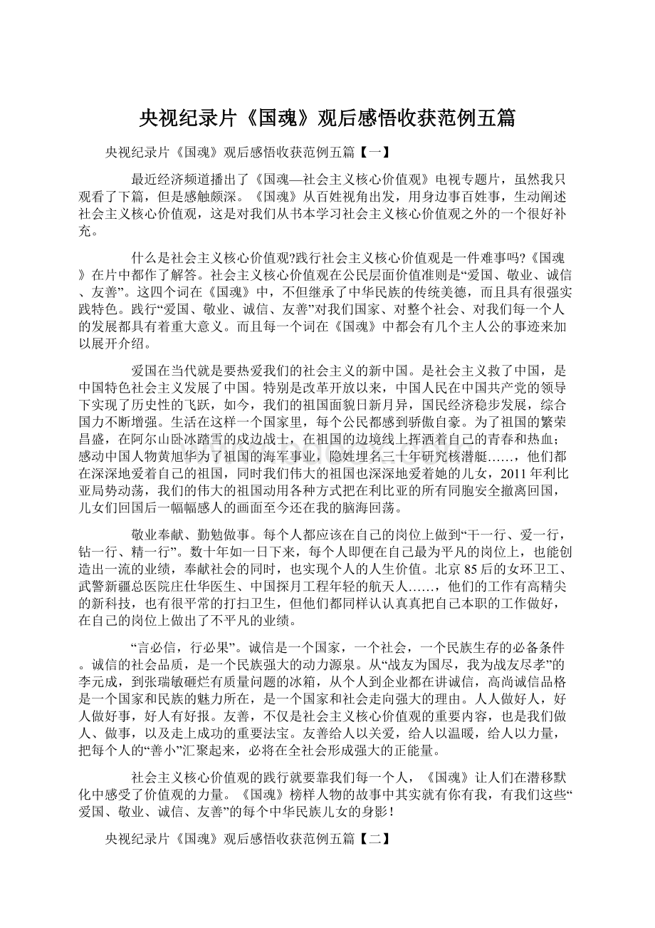 央视纪录片《国魂》观后感悟收获范例五篇.docx