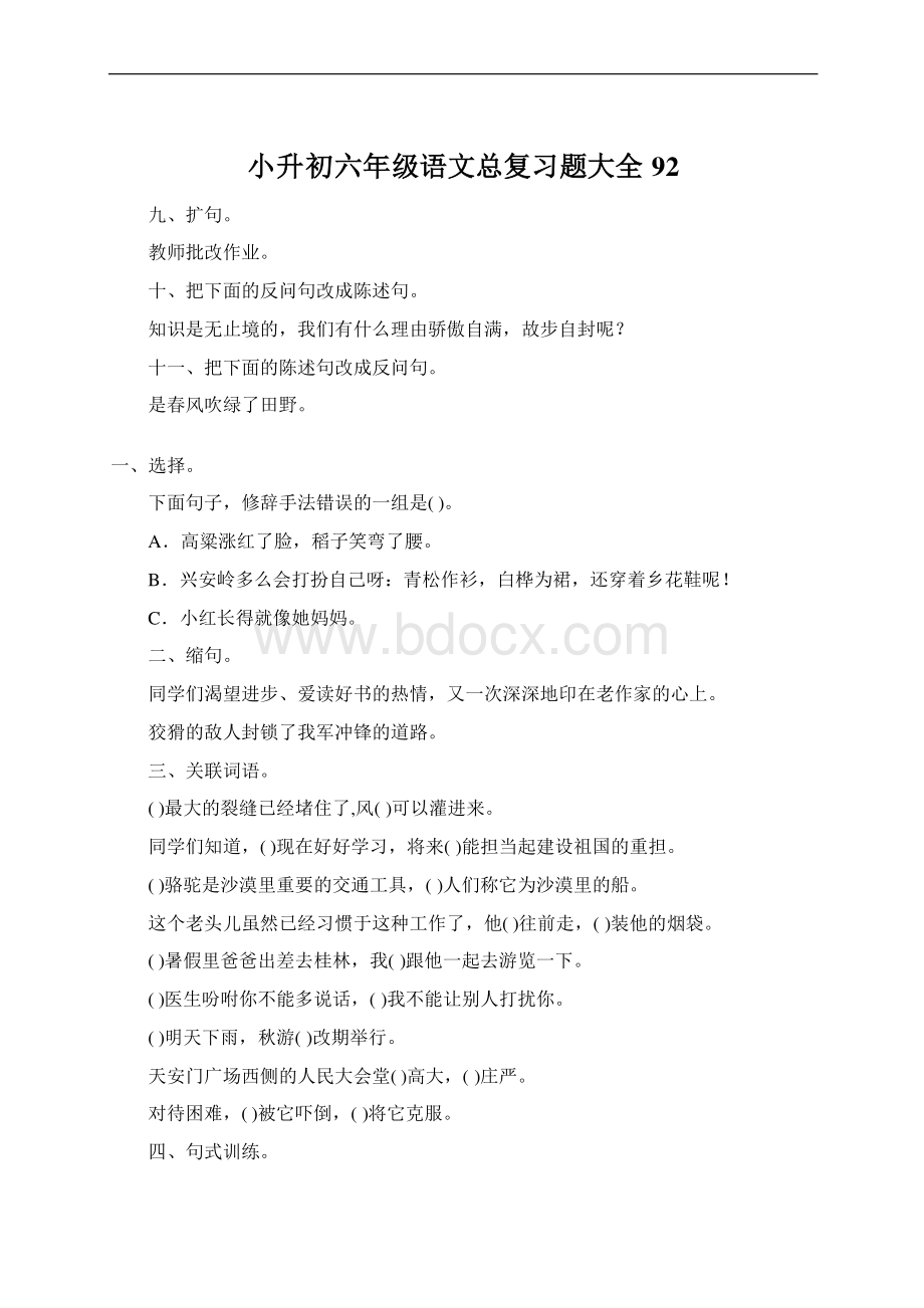 小升初六年级语文总复习题大全92Word文件下载.docx_第1页