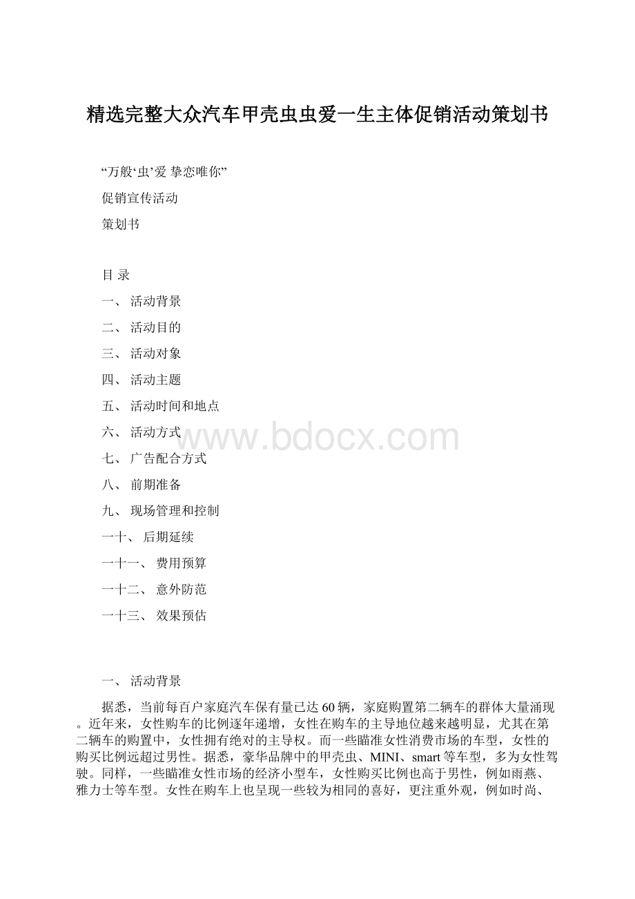 精选完整大众汽车甲壳虫虫爱一生主体促销活动策划书.docx