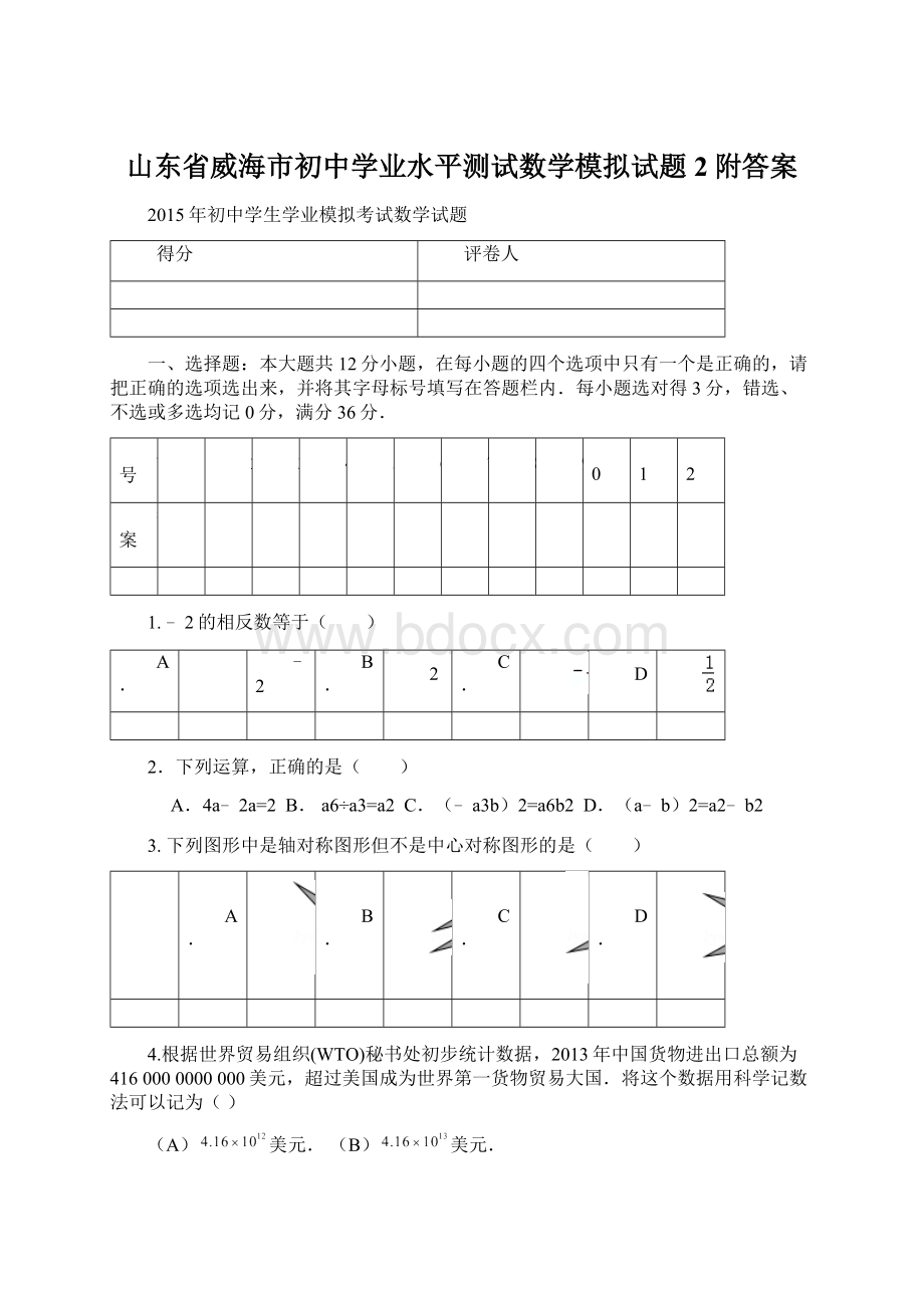 山东省威海市初中学业水平测试数学模拟试题2附答案.docx_第1页