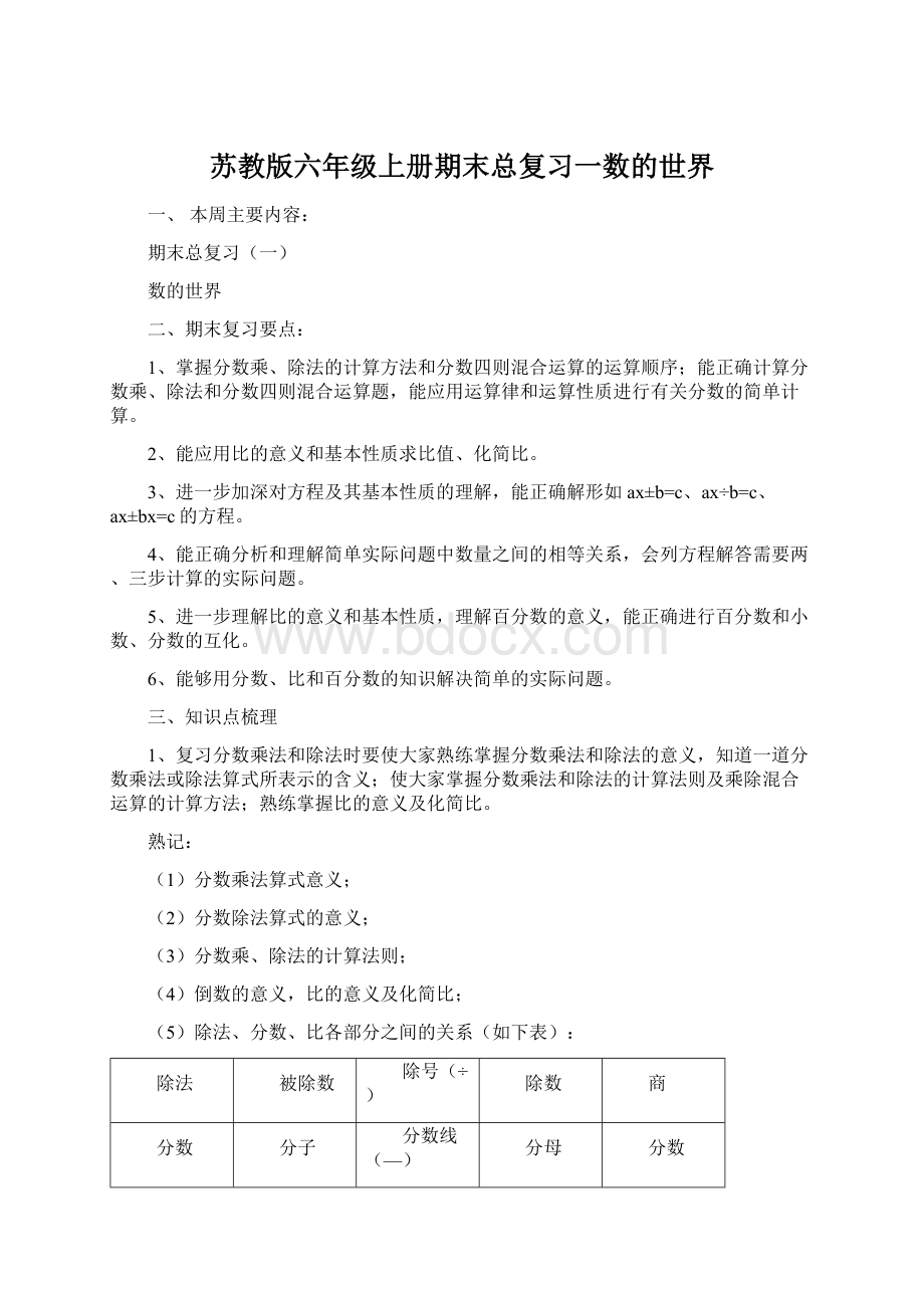 苏教版六年级上册期末总复习一数的世界Word格式.docx_第1页