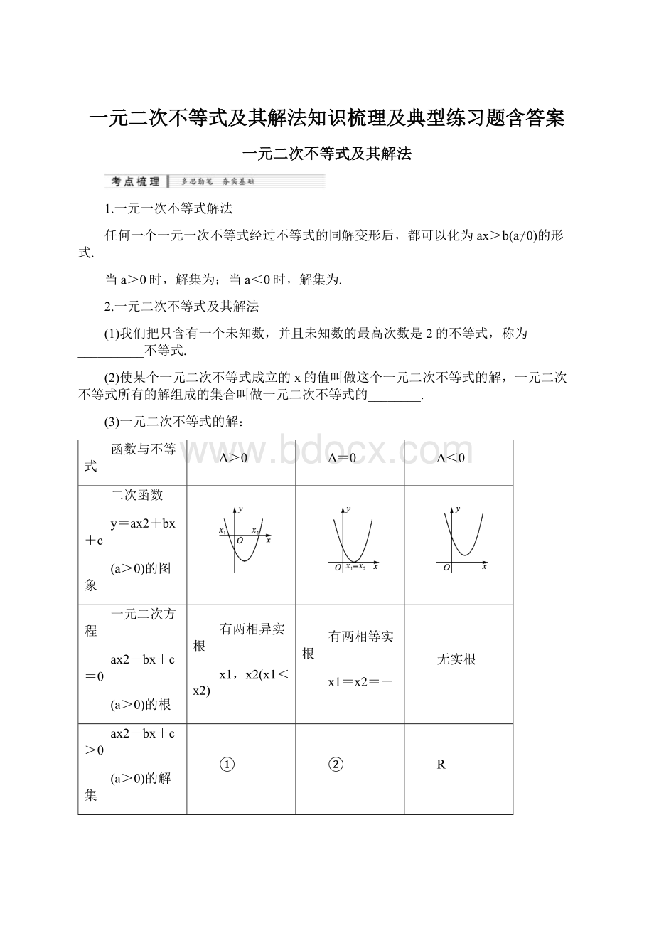 一元二次不等式及其解法知识梳理及典型练习题含答案Word格式.docx