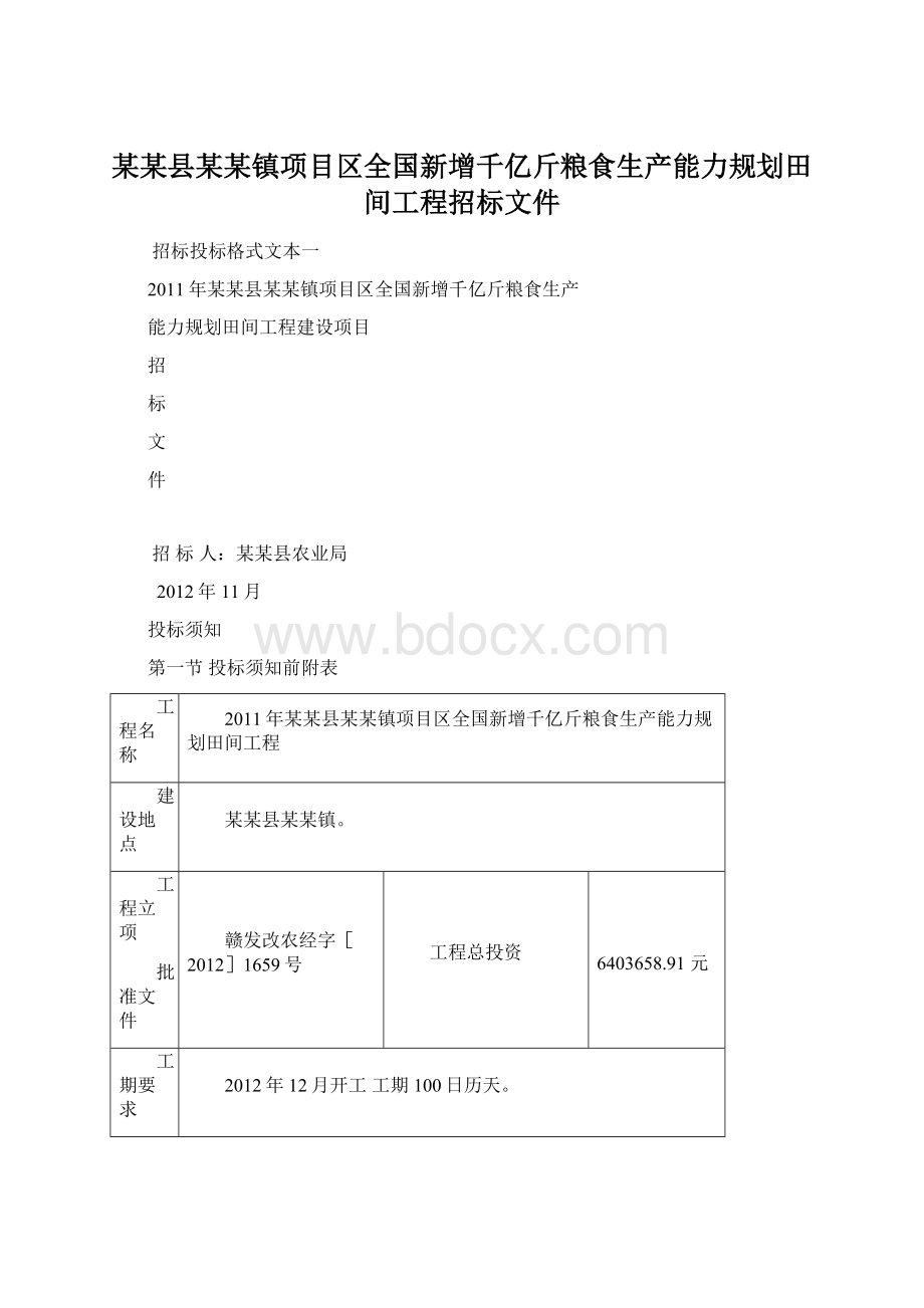 某某县某某镇项目区全国新增千亿斤粮食生产能力规划田间工程招标文件Word文件下载.docx_第1页