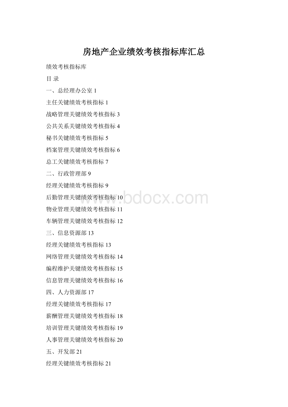 房地产企业绩效考核指标库汇总Word下载.docx