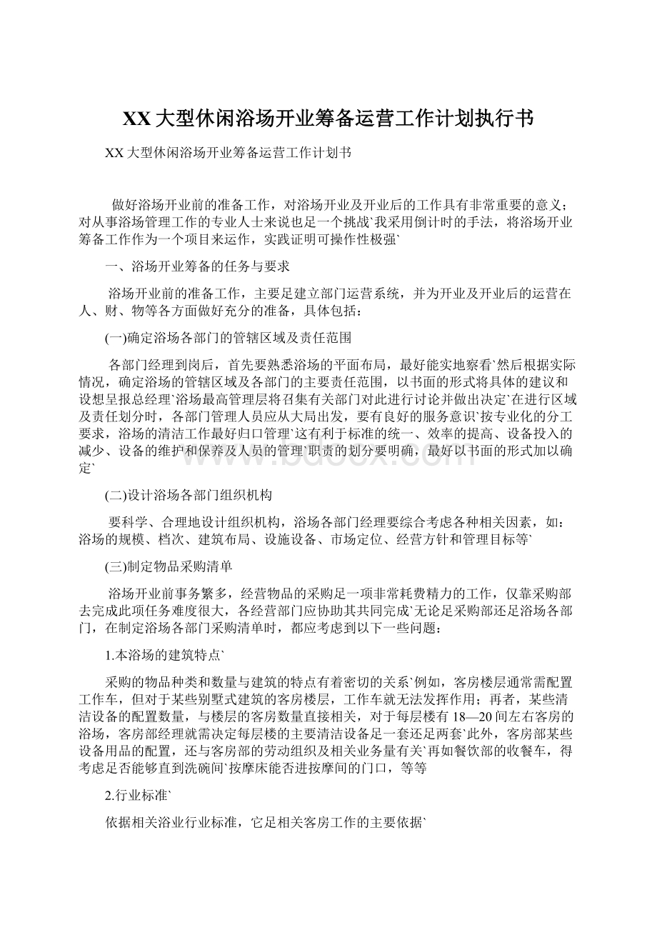 XX大型休闲浴场开业筹备运营工作计划执行书.docx