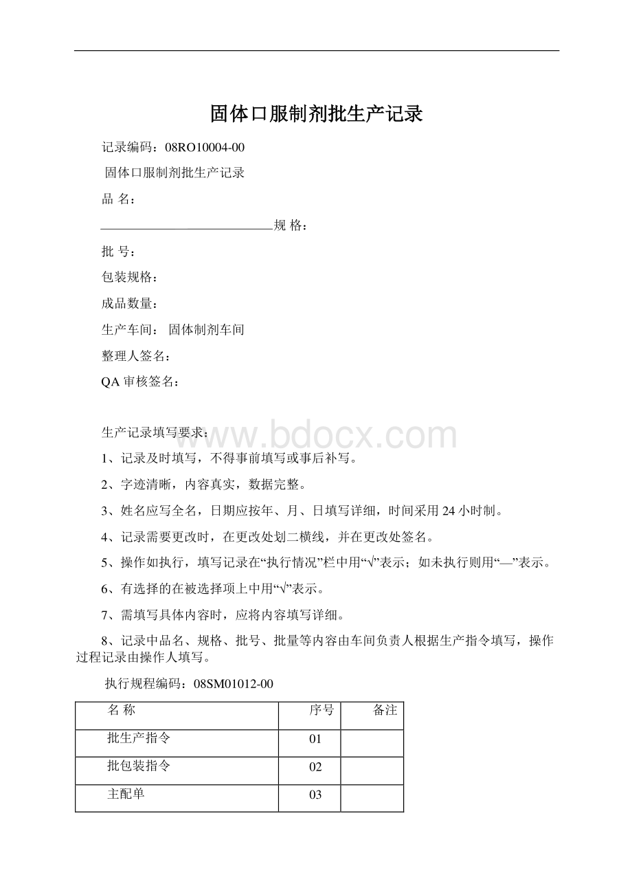 固体口服制剂批生产记录.docx_第1页