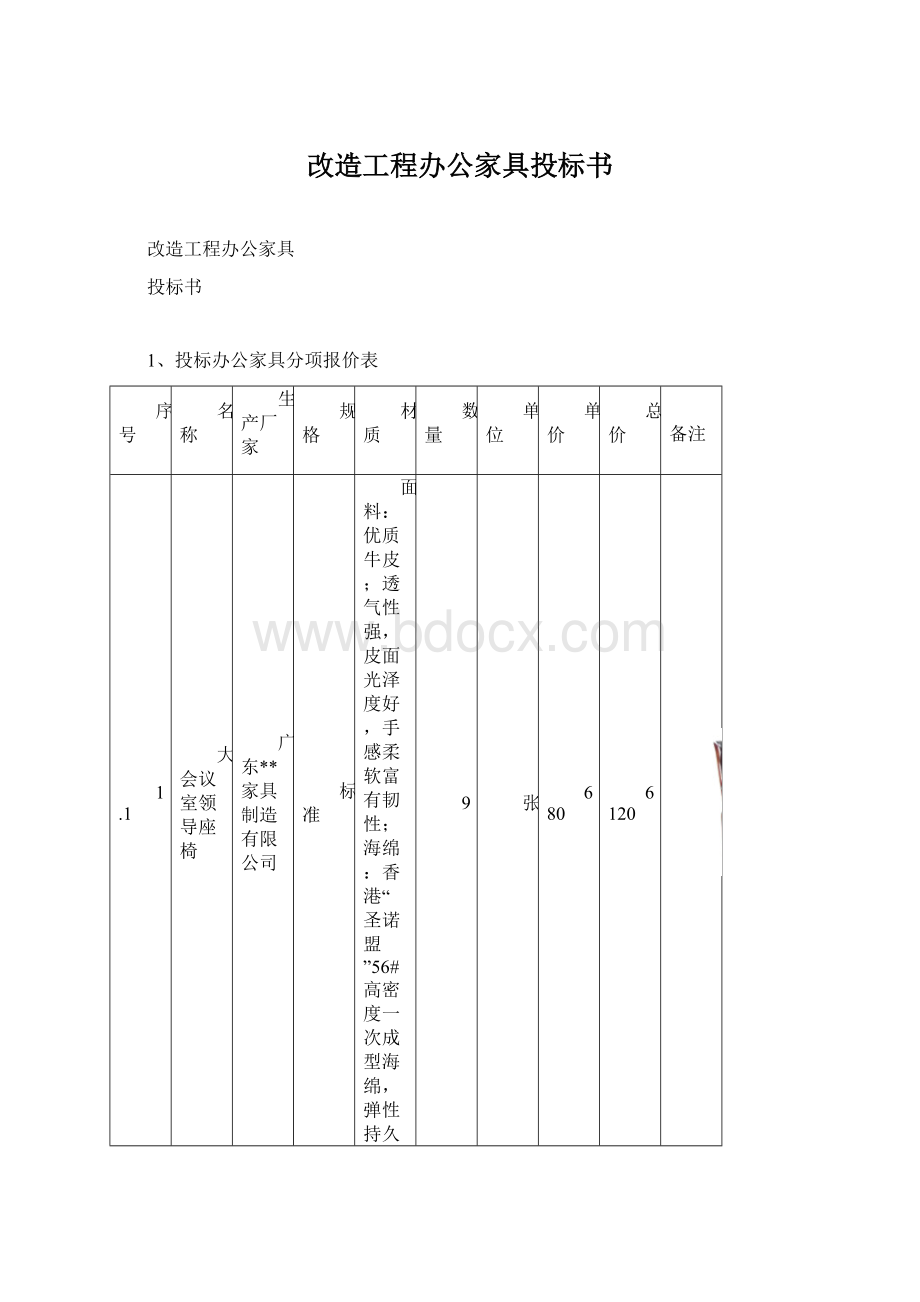 改造工程办公家具投标书.docx