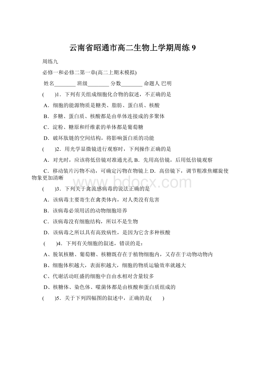 云南省昭通市高二生物上学期周练9Word文档格式.docx_第1页