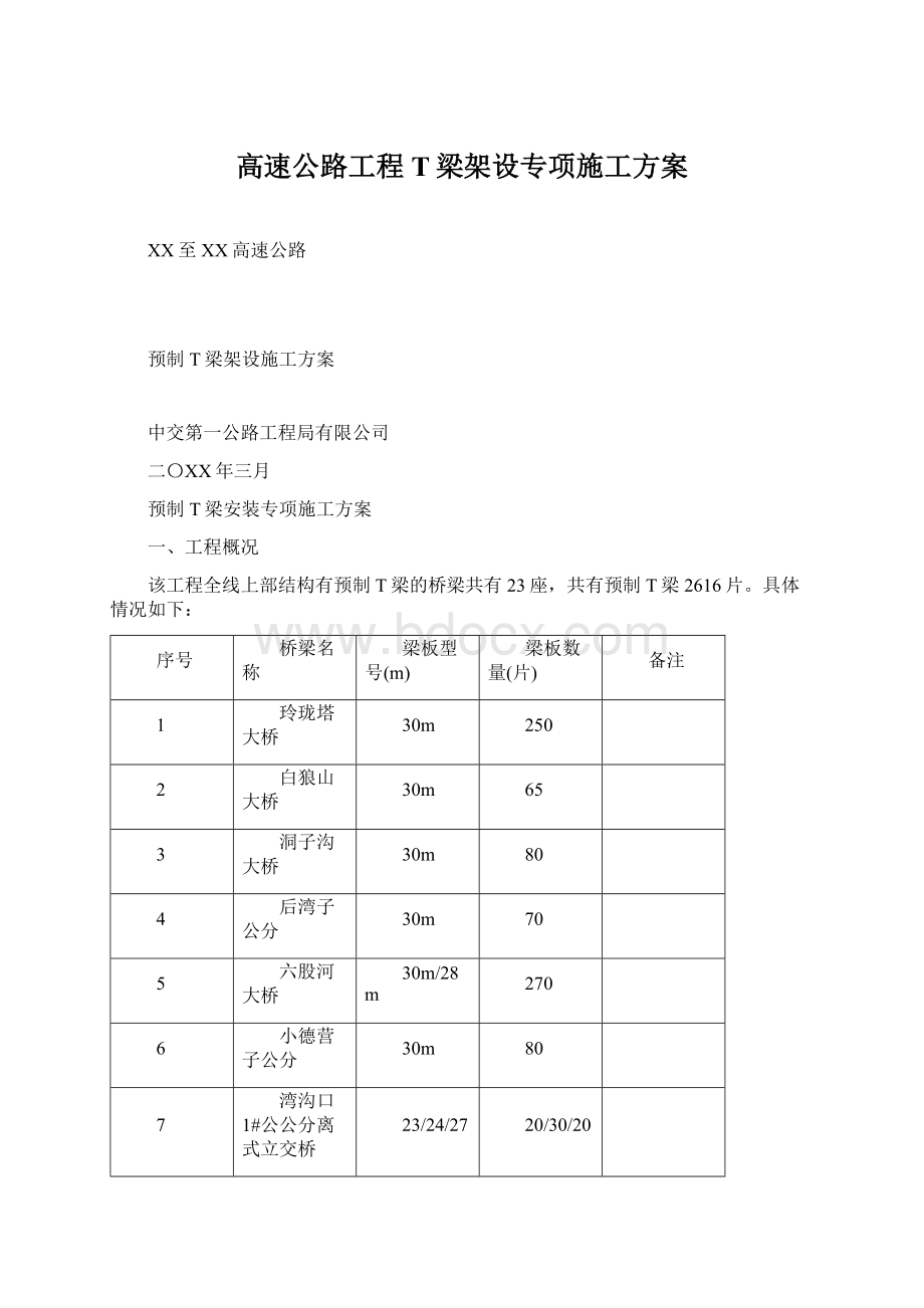 高速公路工程T梁架设专项施工方案Word文档格式.docx_第1页