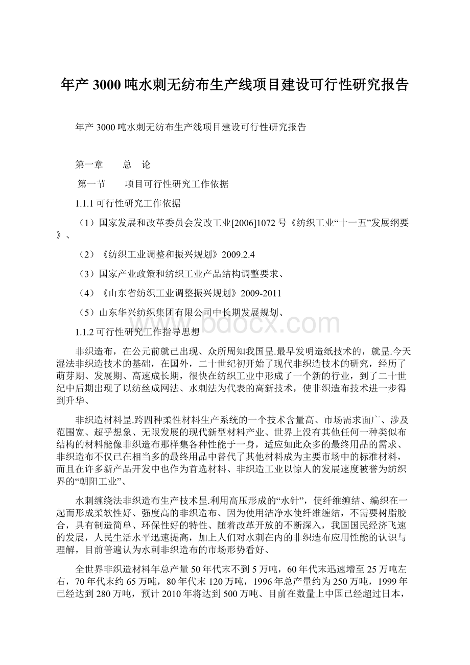 年产3000吨水刺无纺布生产线项目建设可行性研究报告Word文件下载.docx