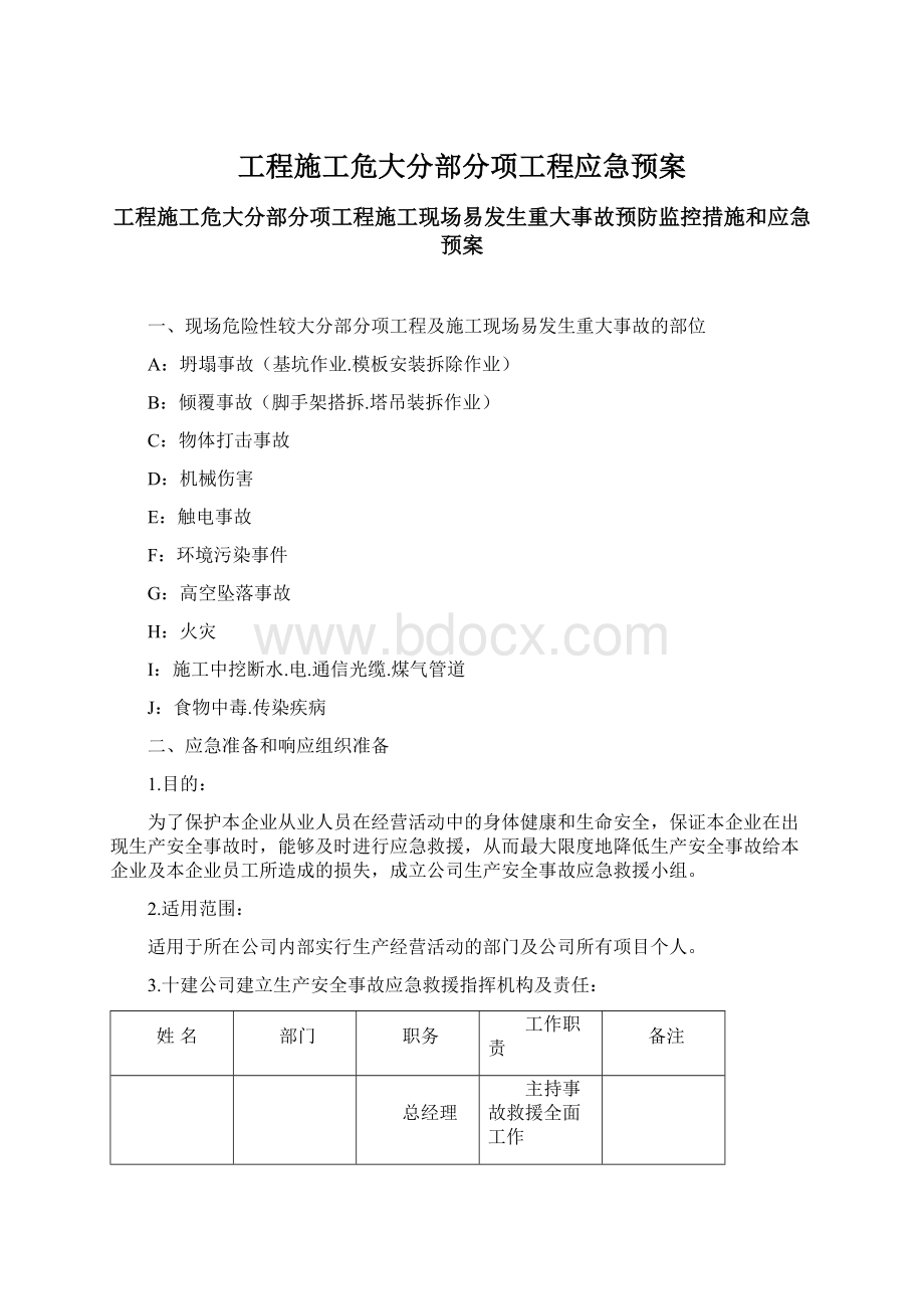 工程施工危大分部分项工程应急预案.docx_第1页