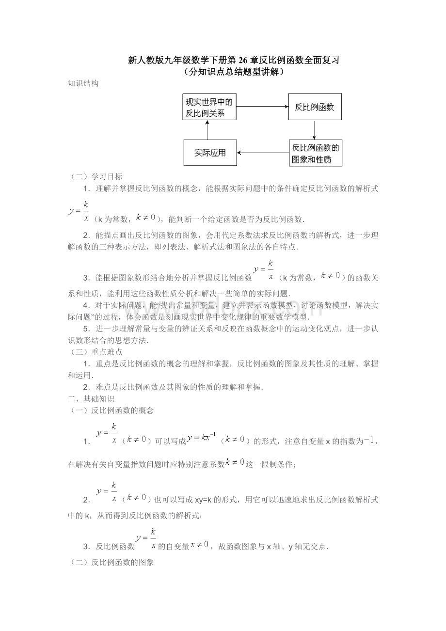 新人教版九年级数学下册第26章反比例函数全面复习(分知识点总结题型讲解)Word文件下载.doc