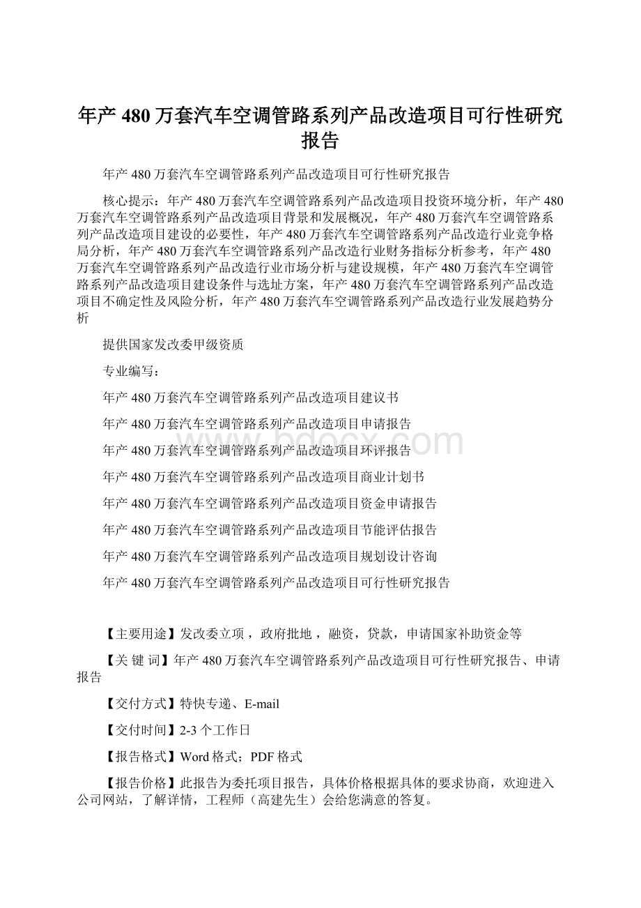 年产480万套汽车空调管路系列产品改造项目可行性研究报告Word文件下载.docx_第1页