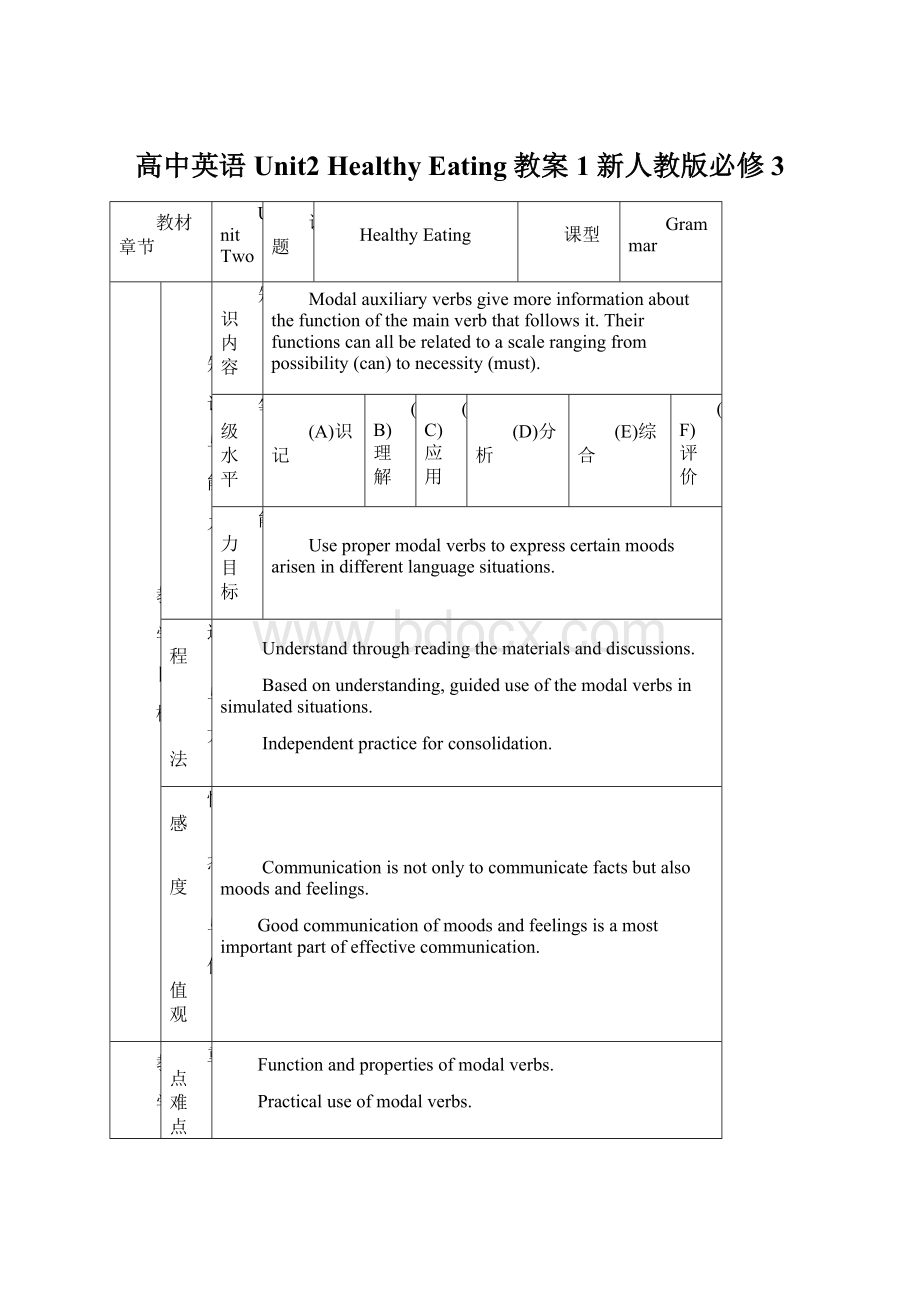 高中英语 Unit2 Healthy Eating教案1 新人教版必修3Word格式文档下载.docx_第1页