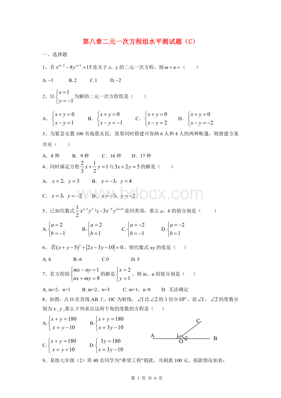 七年级数学下第八章二元一次方程组水平测试题(C)新人教版Word文档格式.doc