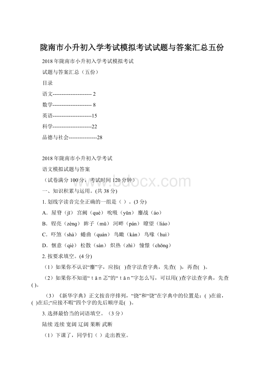 陇南市小升初入学考试模拟考试试题与答案汇总五份Word文档下载推荐.docx