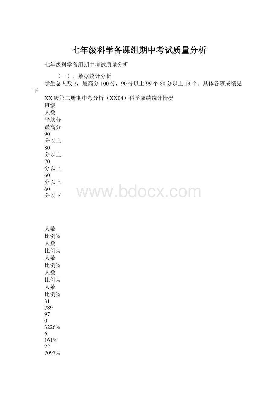 七年级科学备课组期中考试质量分析文档格式.docx