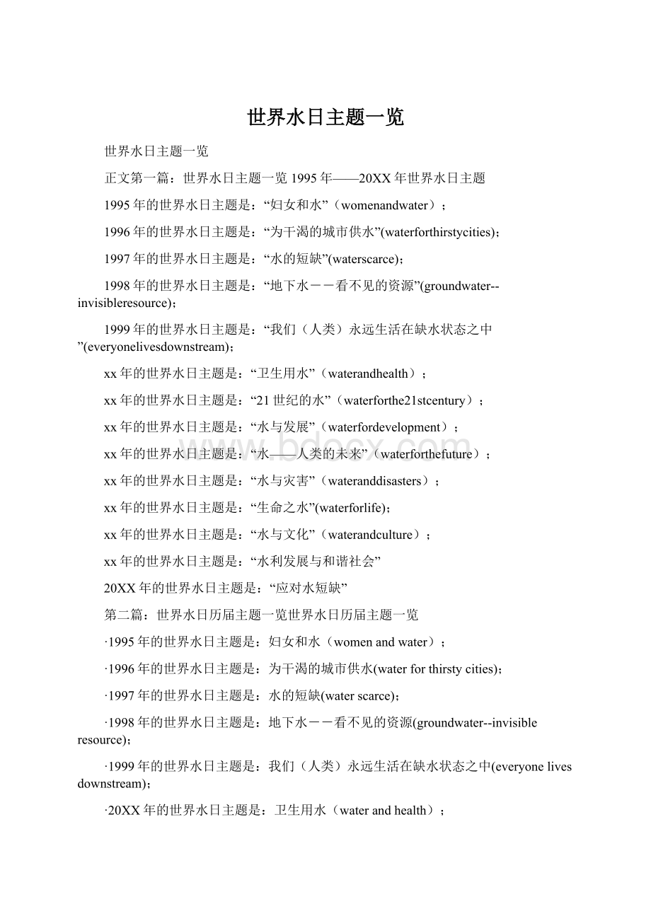 世界水日主题一览Word格式文档下载.docx_第1页