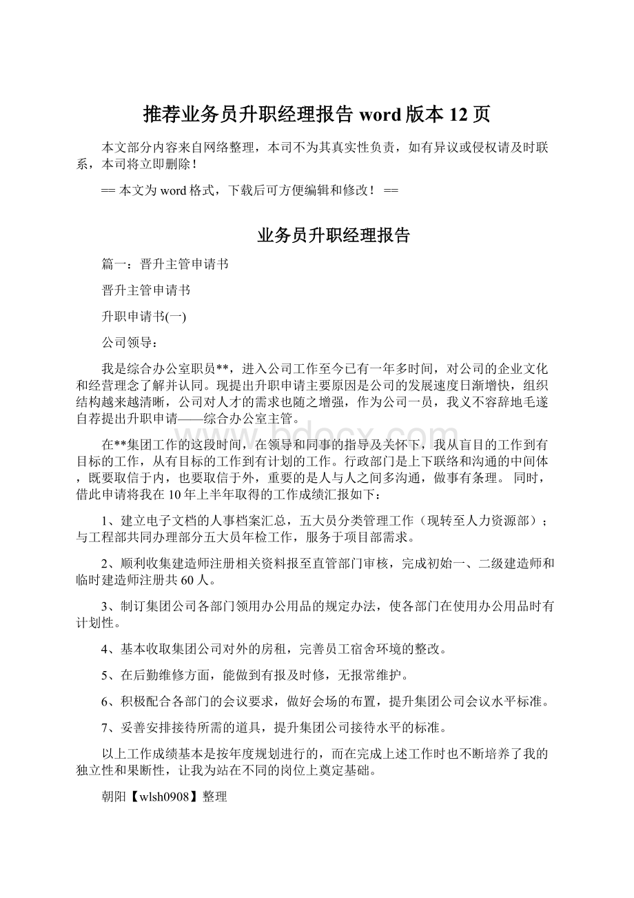 推荐业务员升职经理报告word版本 12页Word文档格式.docx