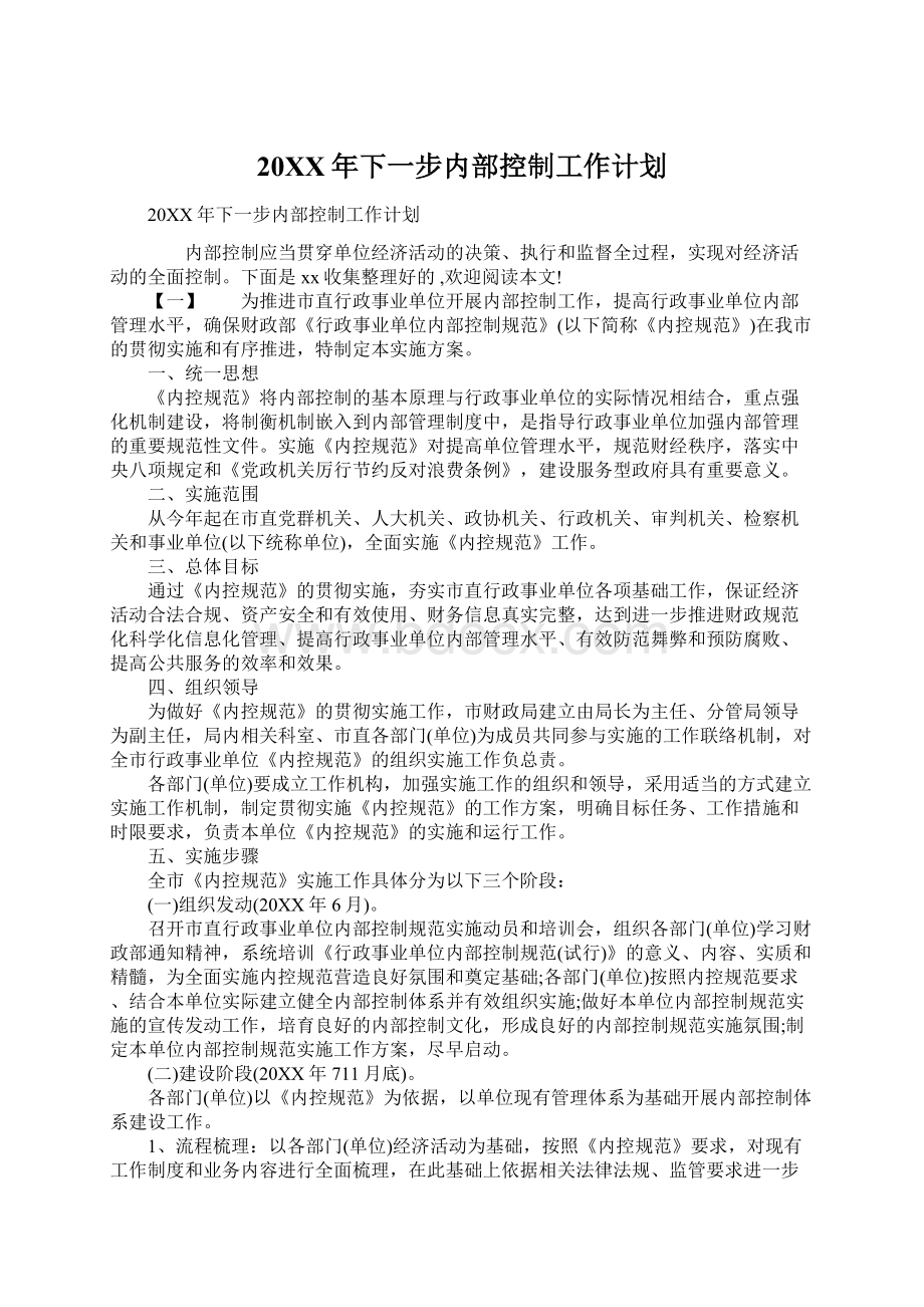 20XX年下一步内部控制工作计划.docx