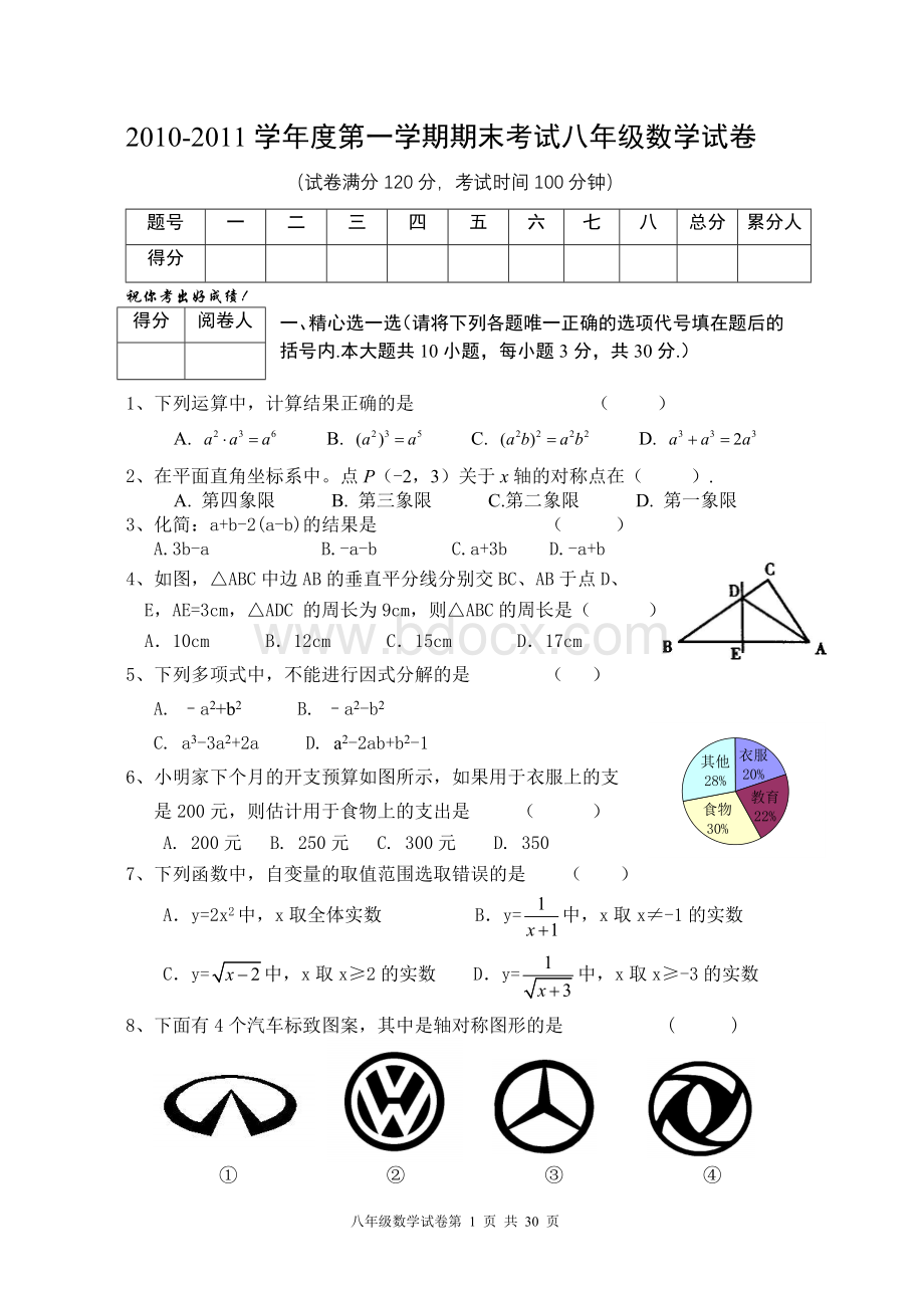 人教版八年级上数学期末考试试卷(5套)Word格式.doc_第1页