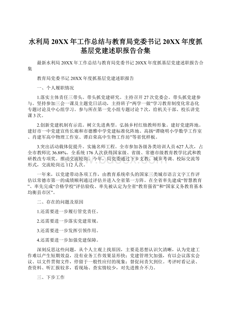 水利局20XX年工作总结与教育局党委书记20XX年度抓基层党建述职报告合集Word文档格式.docx