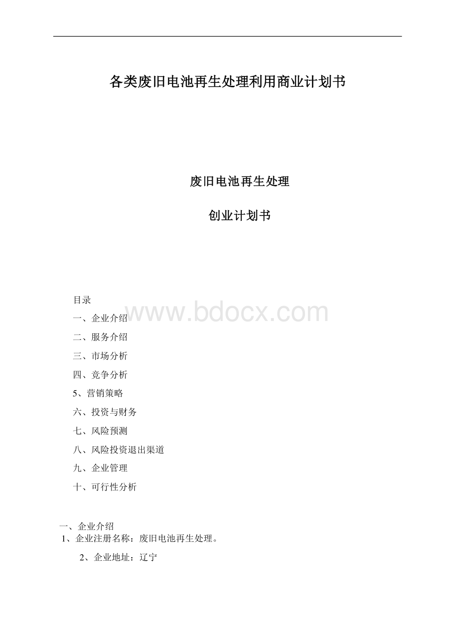 各类废旧电池再生处理利用商业计划书Word格式文档下载.docx