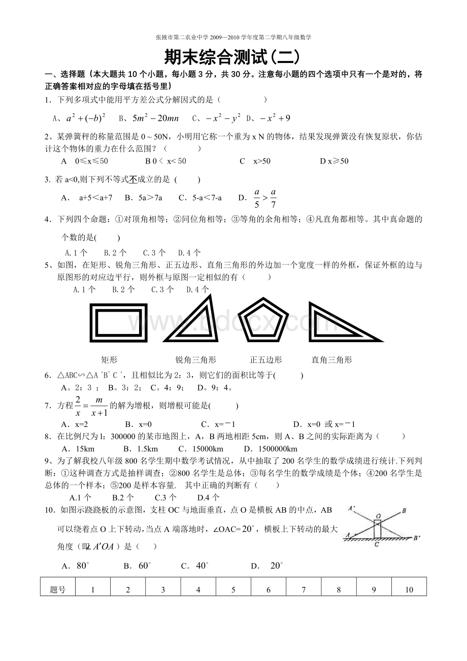 八年级下册数学期末综合测试卷(北师大)Word文件下载.doc_第1页