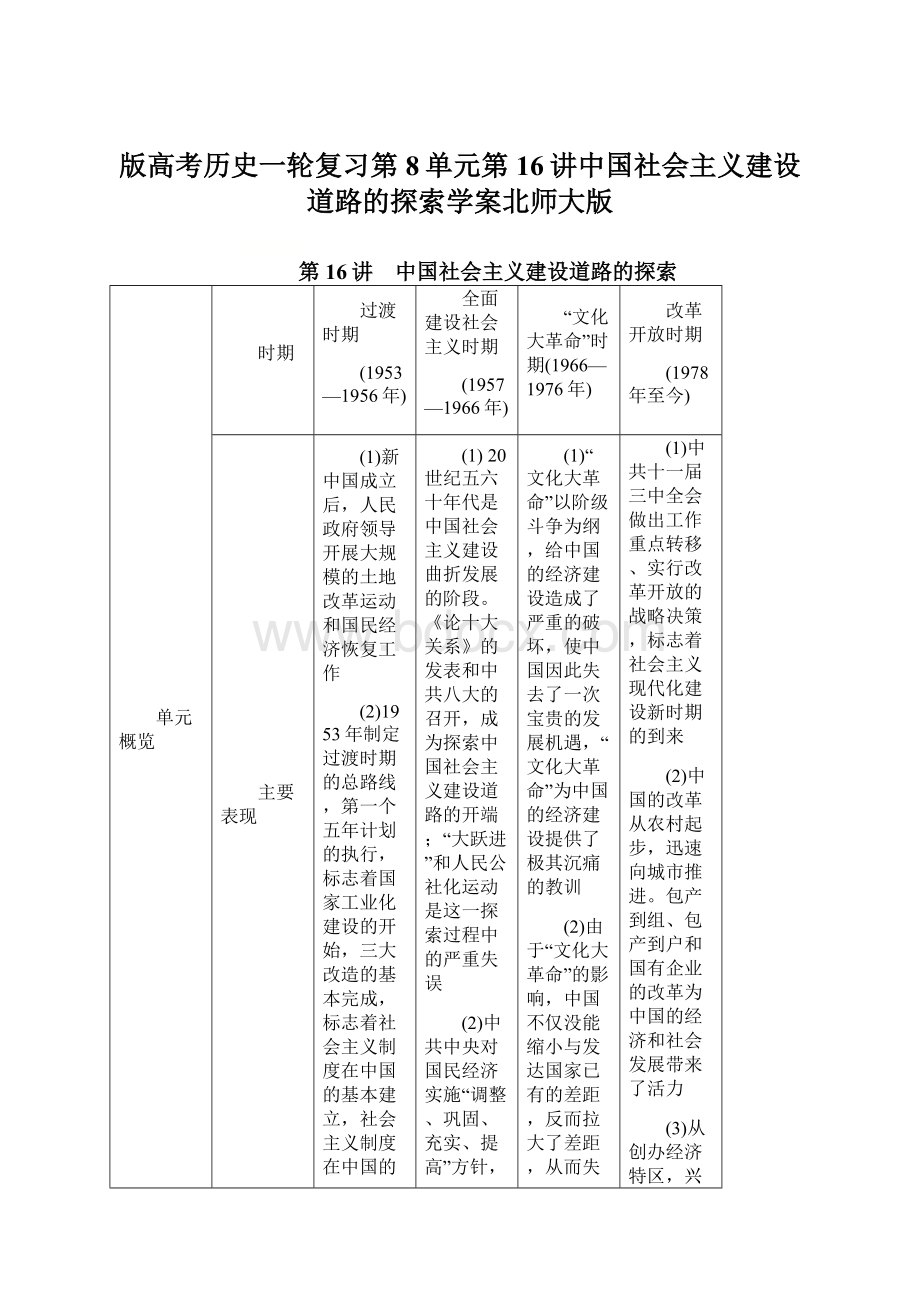 版高考历史一轮复习第8单元第16讲中国社会主义建设道路的探索学案北师大版.docx