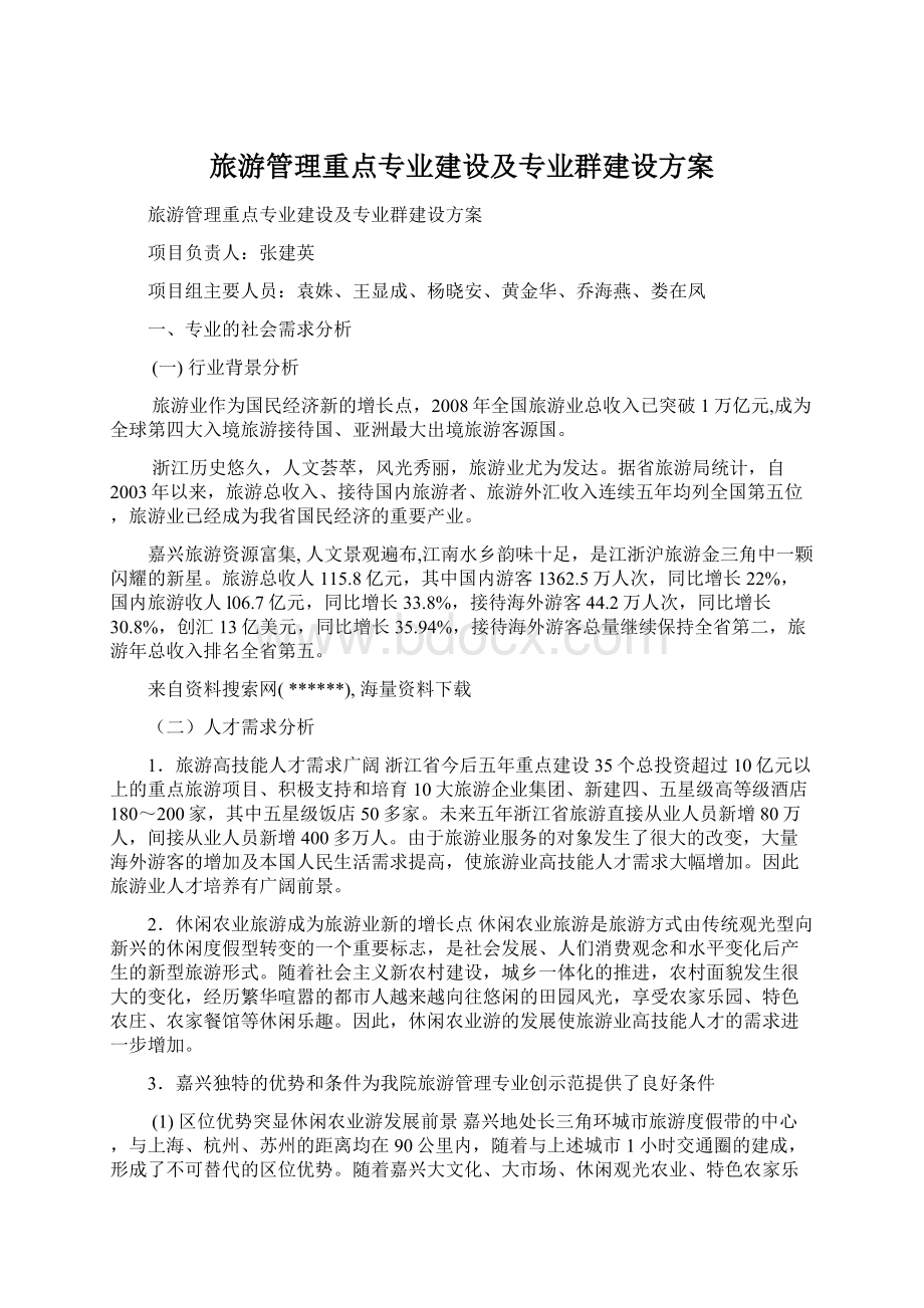 旅游管理重点专业建设及专业群建设方案.docx