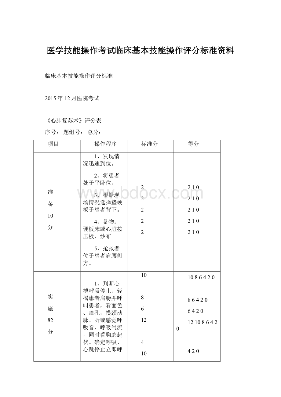 医学技能操作考试临床基本技能操作评分标准资料Word文档格式.docx