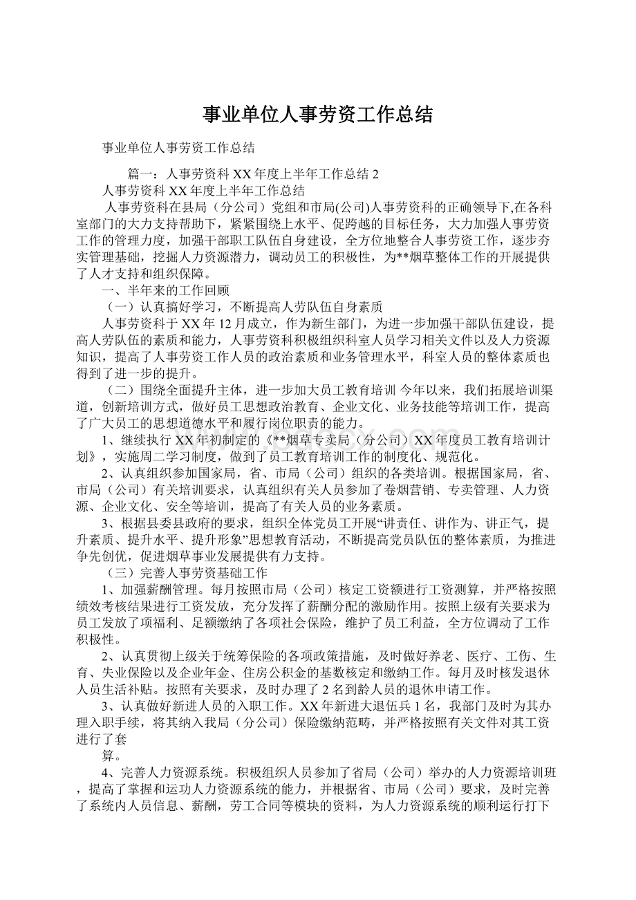 事业单位人事劳资工作总结Word格式文档下载.docx