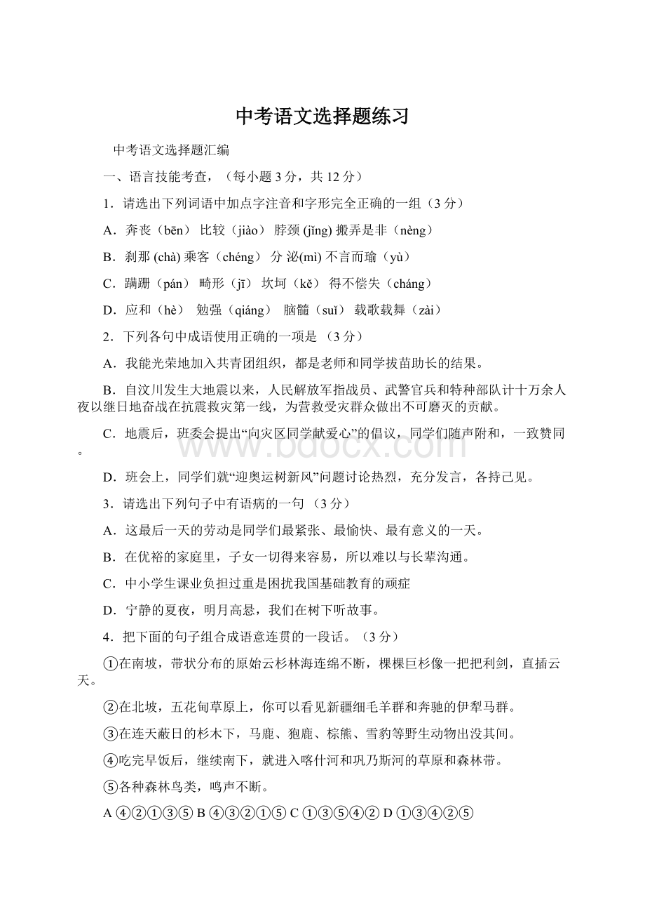 中考语文选择题练习文档格式.docx_第1页