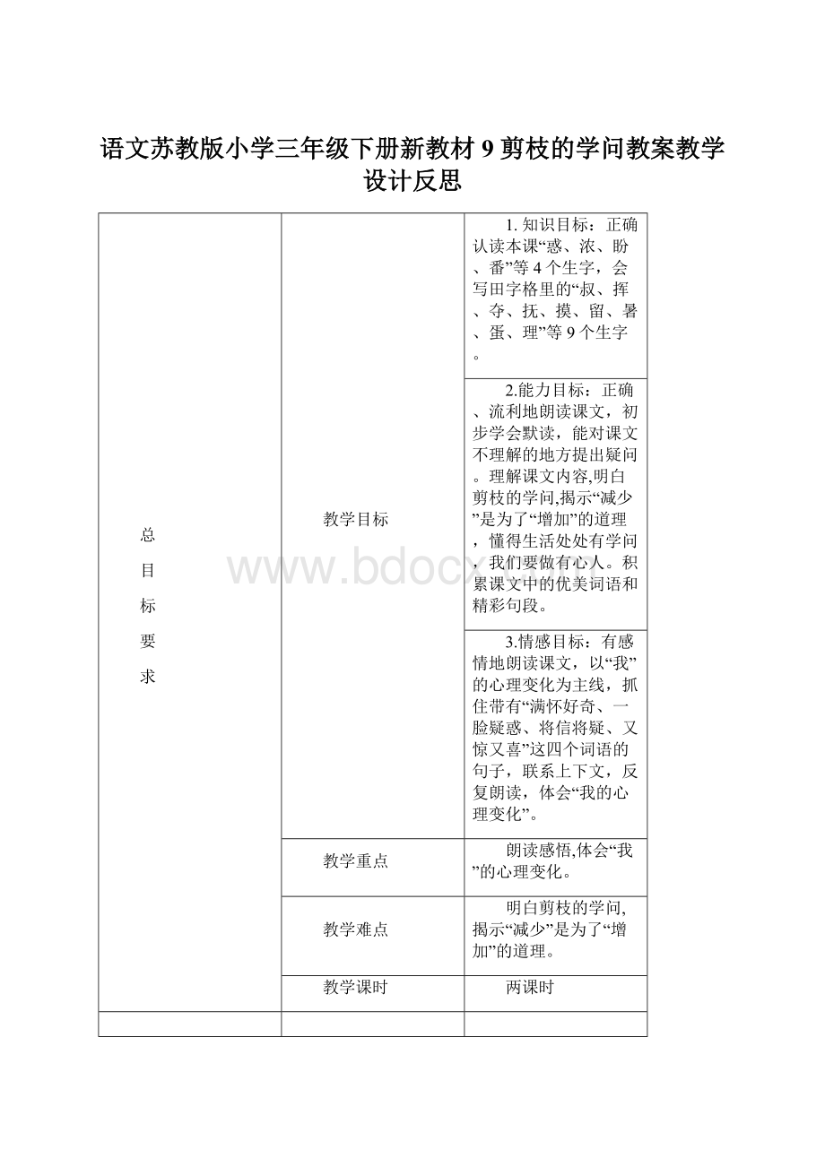 语文苏教版小学三年级下册新教材9 剪枝的学问教案教学设计反思Word格式.docx