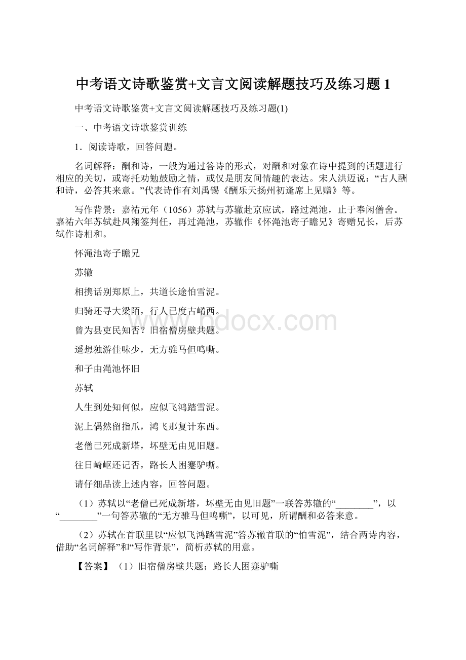 中考语文诗歌鉴赏+文言文阅读解题技巧及练习题1.docx